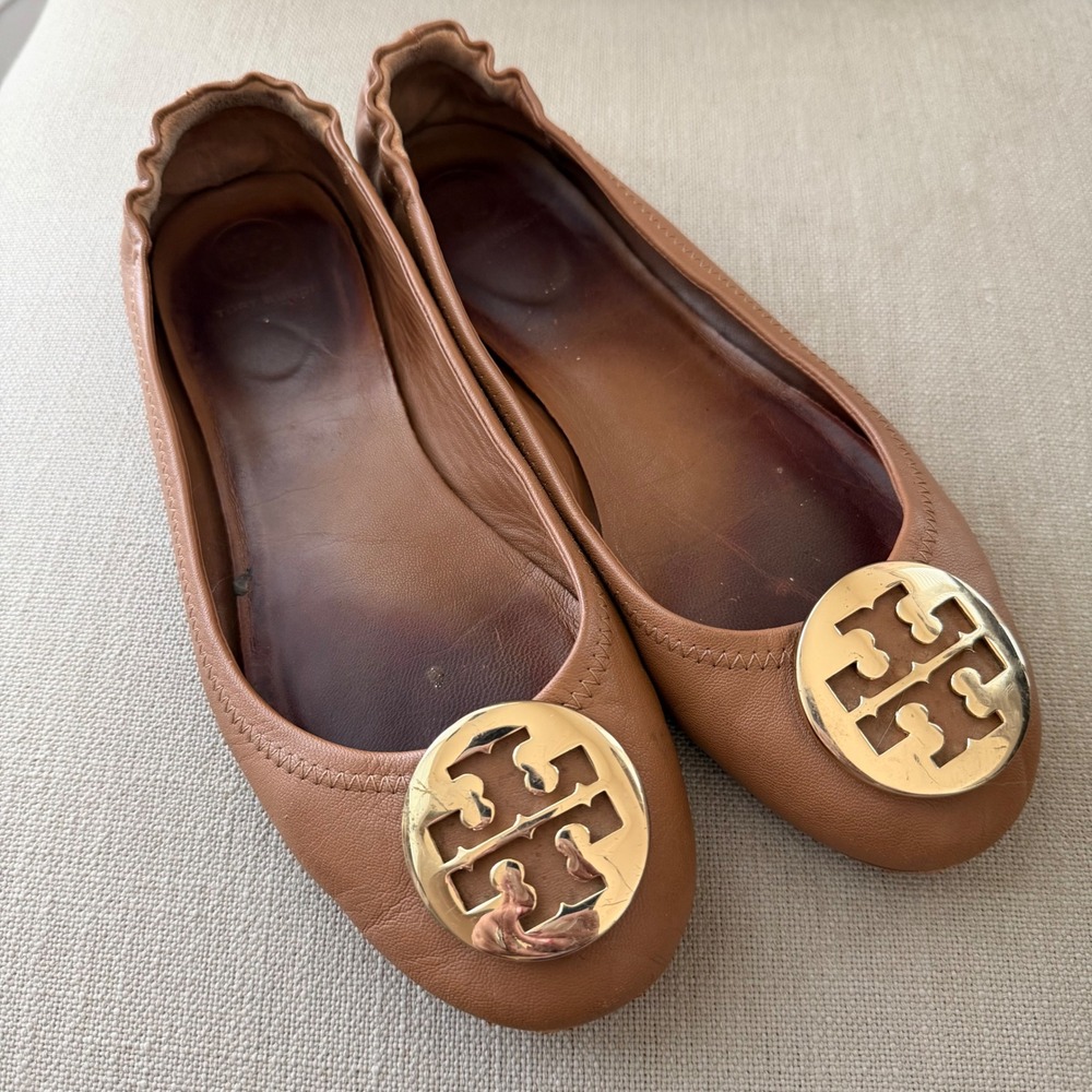 Tory Burch Minnie Travel Ballet Flats Tan Leather Gold Logo 50393 Womens 8.5M